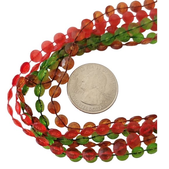 Red Green Orange Plastic Fixed Bead Multi Strand Necklace 50" Long, E219 - Picture 5 of 7